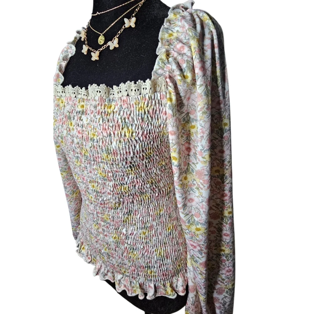 Ava Rose Summer Floral Boho Top ~ Puff Long Sleeve ~ Ruched Bodice - Picture 3 of 4